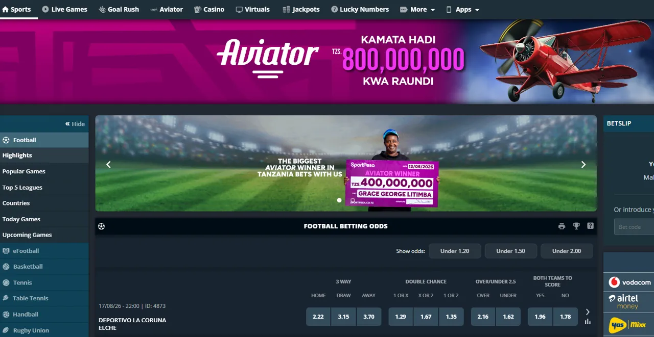 SportPesa Tanzania sportsbook page with football odds and an Aviator banner